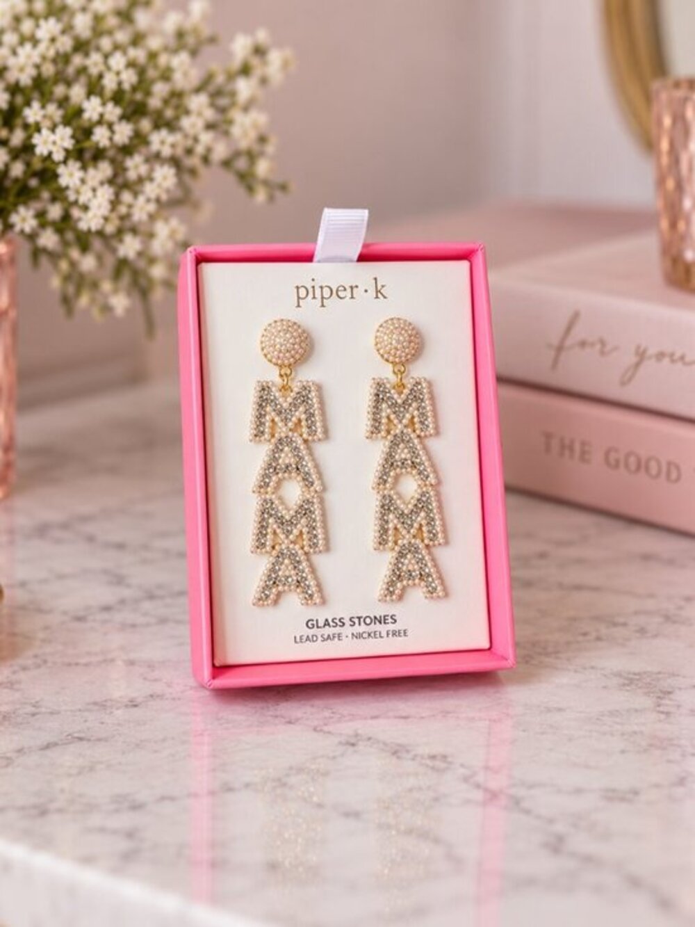 Piper K MAMA Statement Earrings Glass Stones Gold Tone 3” NWT